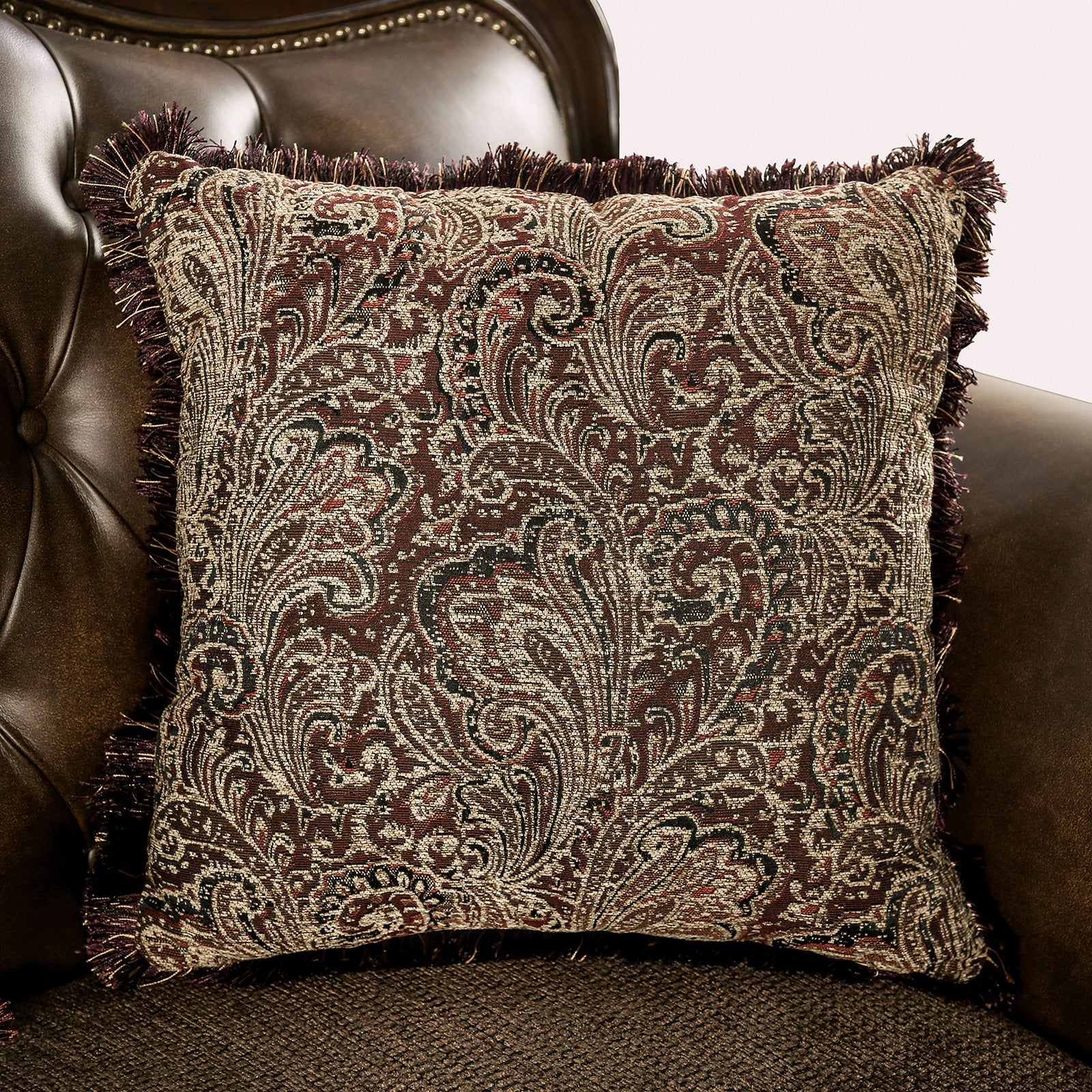 Traditional Style Chair Rolled Arms Curved Detail Nailhead Trim Accent Pillow Dark Cherry And Brown Finish