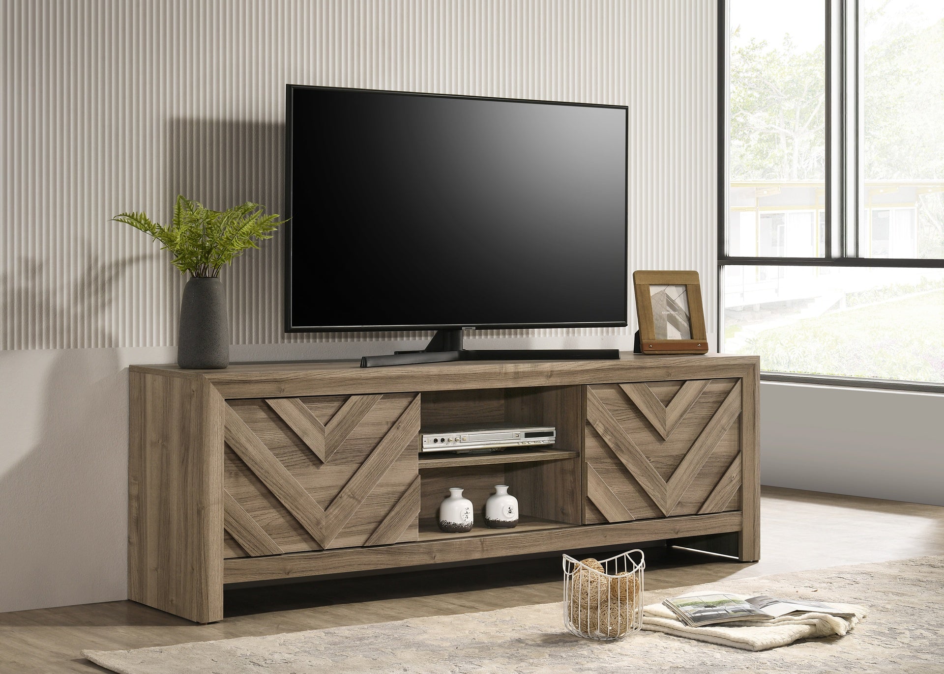 1pc Rustic Chevron-patterned Contemporary Traditional Interiors Entertainment Console TV Stand Living Room Furniture Light Brown Warm Wood Finish