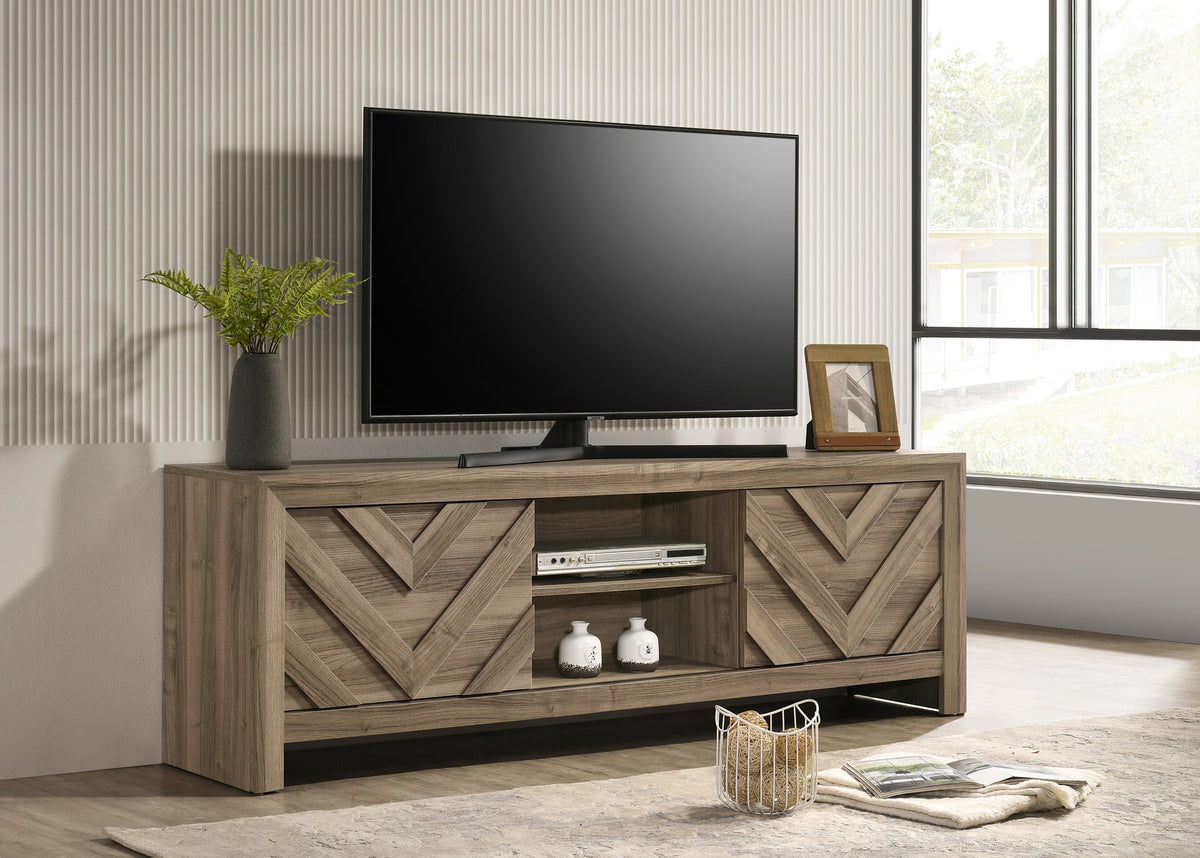 1pc Rustic Chevron-patterned Contemporary Traditional Interiors Entertainment Console TV Stand Living Room Furniture Light Brown Warm Wood Finish