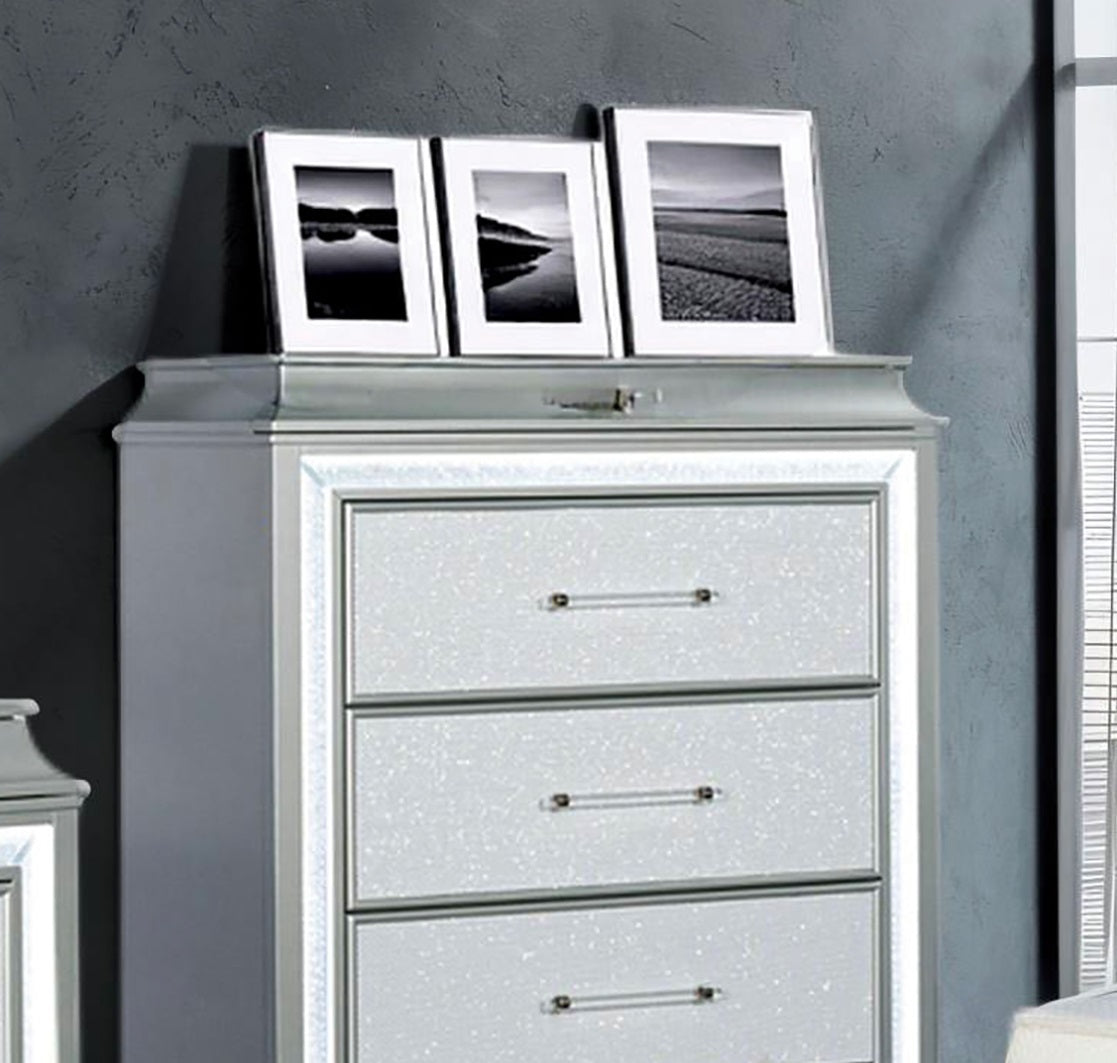 Glamour Style 1pc Chest Faux Crystal Trim LED Acrylic Handles Ball Bearing Glides Gray Finish Bedroom Furniture