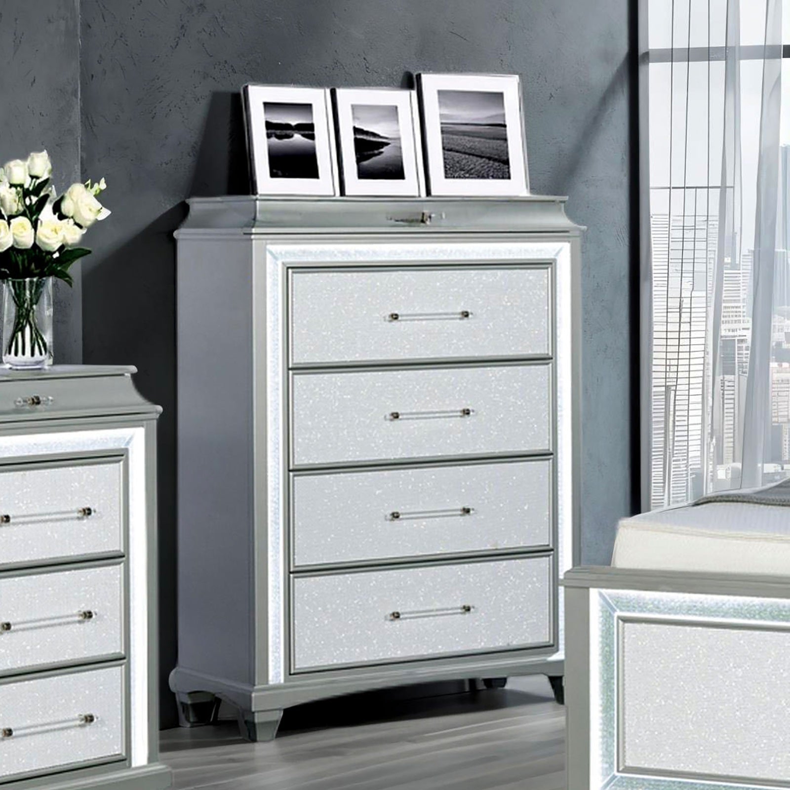 Glamour Style 1pc Chest Faux Crystal Trim LED Acrylic Handles Ball Bearing Glides Gray Finish Bedroom Furniture