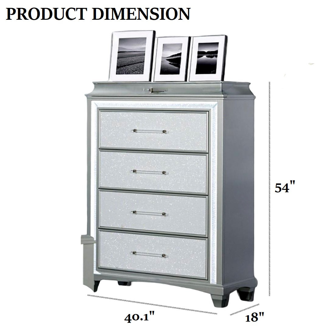 Glamour Style 1pc Chest Faux Crystal Trim LED Acrylic Handles Ball Bearing Glides Gray Finish Bedroom Furniture