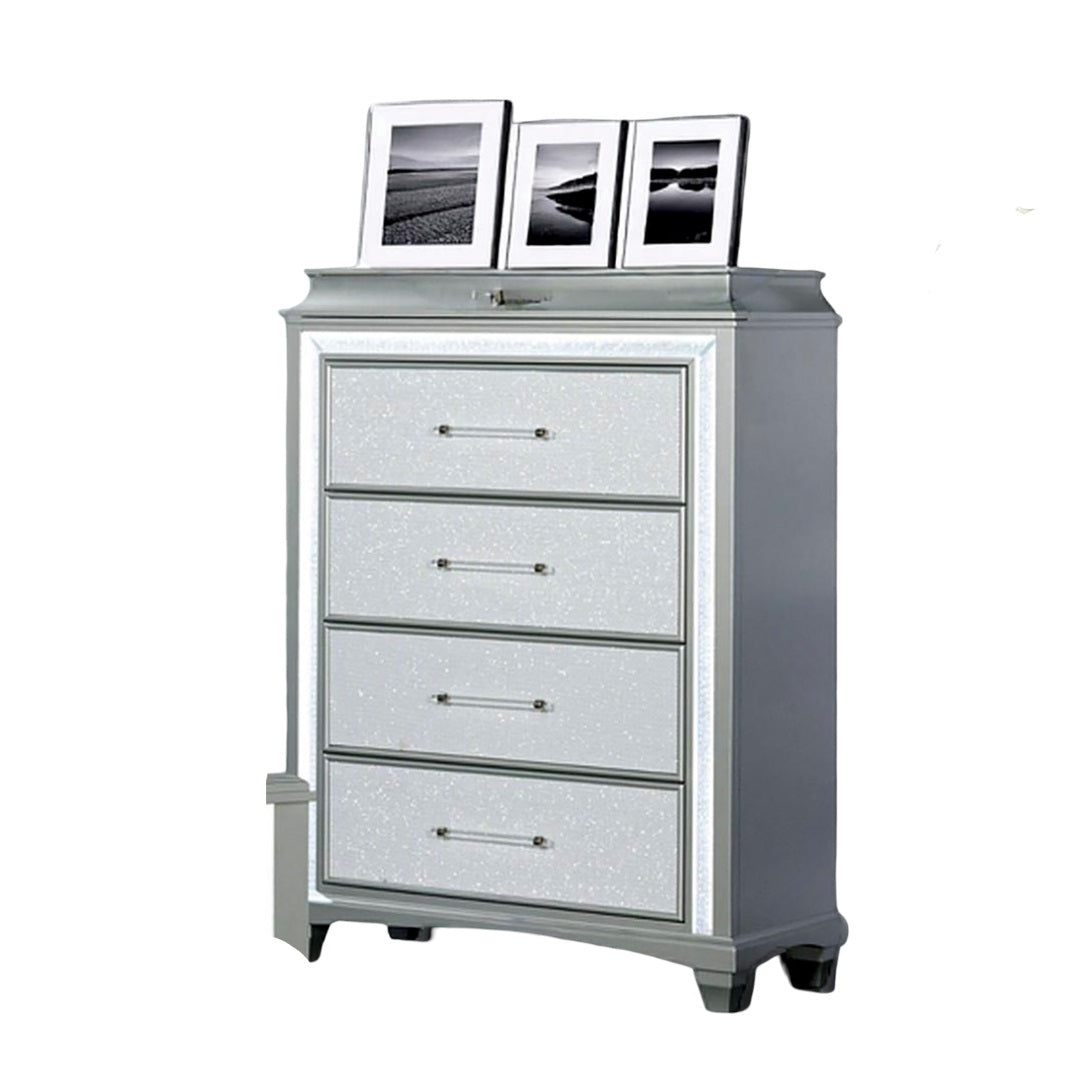 Glamour Style 1pc Chest Faux Crystal Trim LED Acrylic Handles Ball Bearing Glides Gray Finish Bedroom Furniture