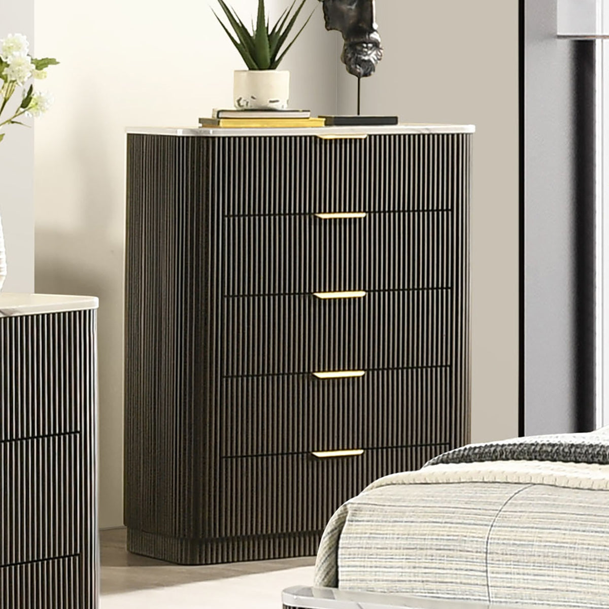 Contemporary Style 1pc Chest Artificial Marble Top Metal Side Glide Plinth Base Dark Walnut Finish Bedroom Furniture