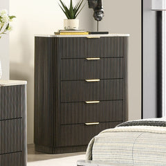 Contemporary Style 1pc Chest Artificial Marble Top Metal Side Glide Plinth Base Dark Walnut Finish Bedroom Furniture