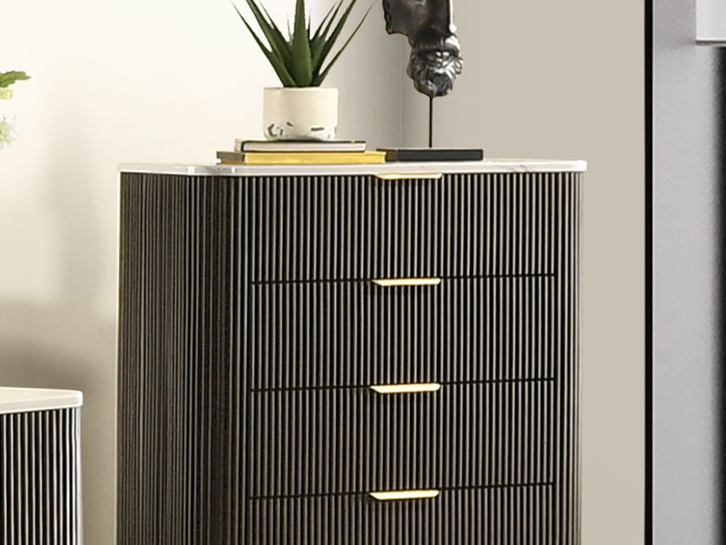 Contemporary Style 1pc Chest Artificial Marble Top Metal Side Glide Plinth Base Dark Walnut Finish Bedroom Furniture