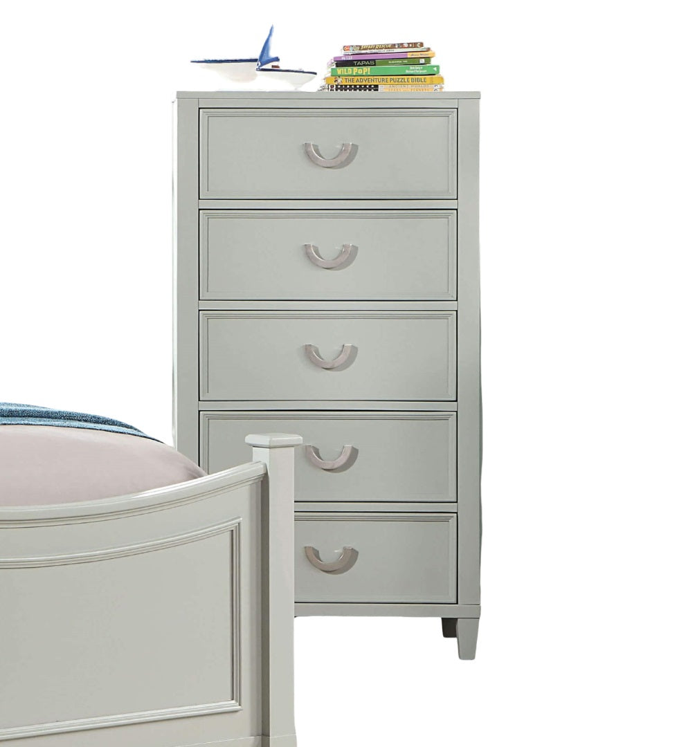 Transitional Gray 1pc Chest Dovetail Drawers Solid wood Bedroom Chrome Hanging Pulls 5-Drawers Molding Details