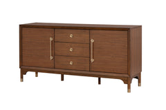 1pc Contemporary Server Walnut Color Rubberwood Gold Metal Handles Dining Room Server Storage