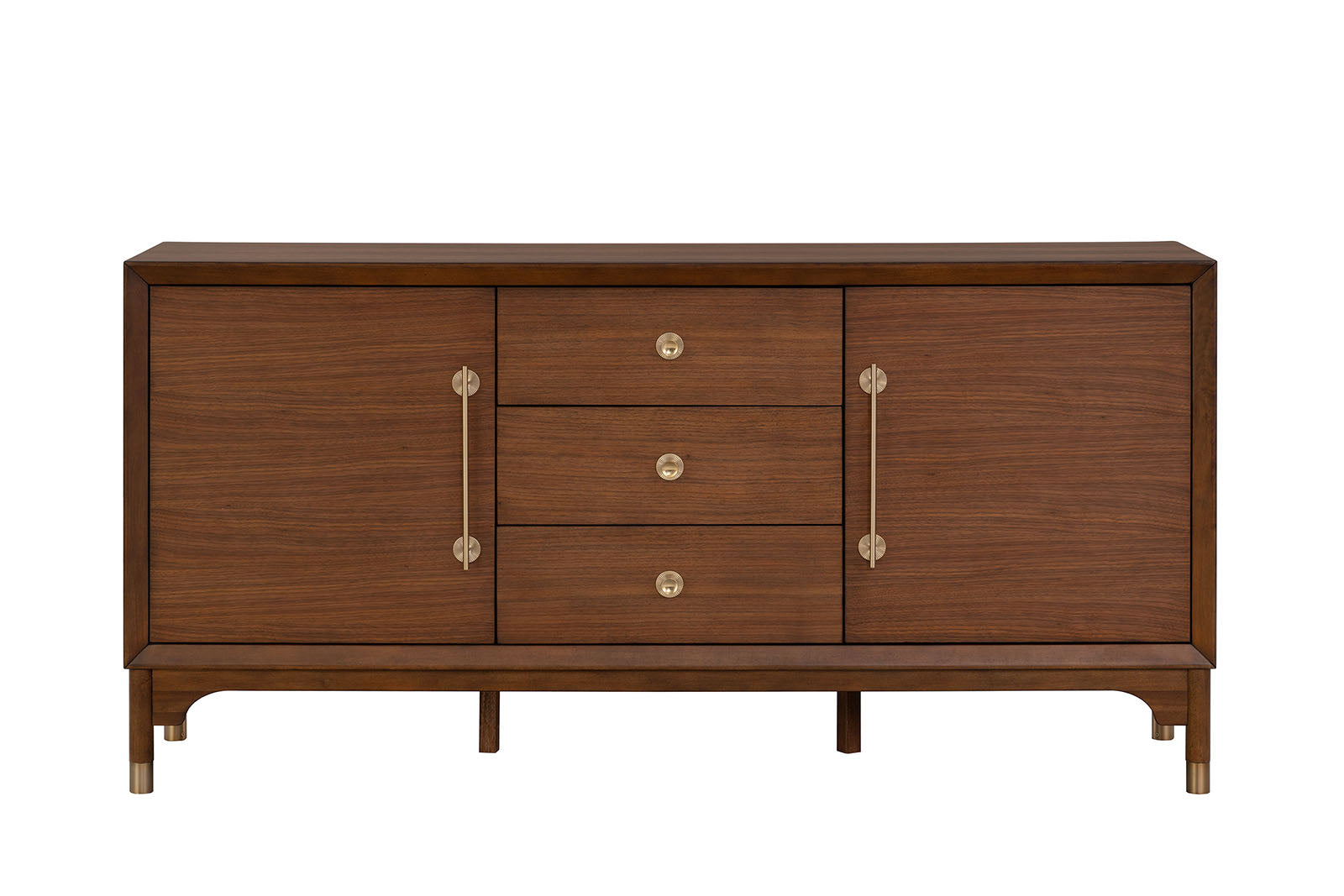 1pc Contemporary Server Walnut Color Rubberwood Gold Metal Handles Dining Room Server Storage