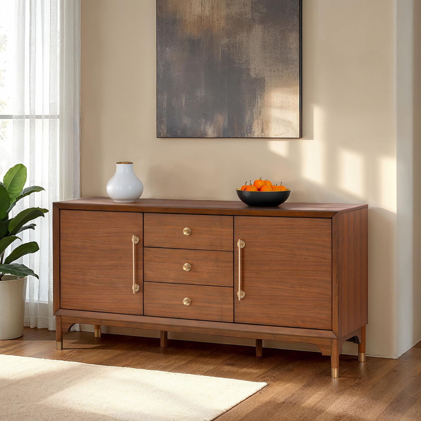 1pc Contemporary Server Walnut Color Rubberwood Gold Metal Handles Dining Room Server Storage
