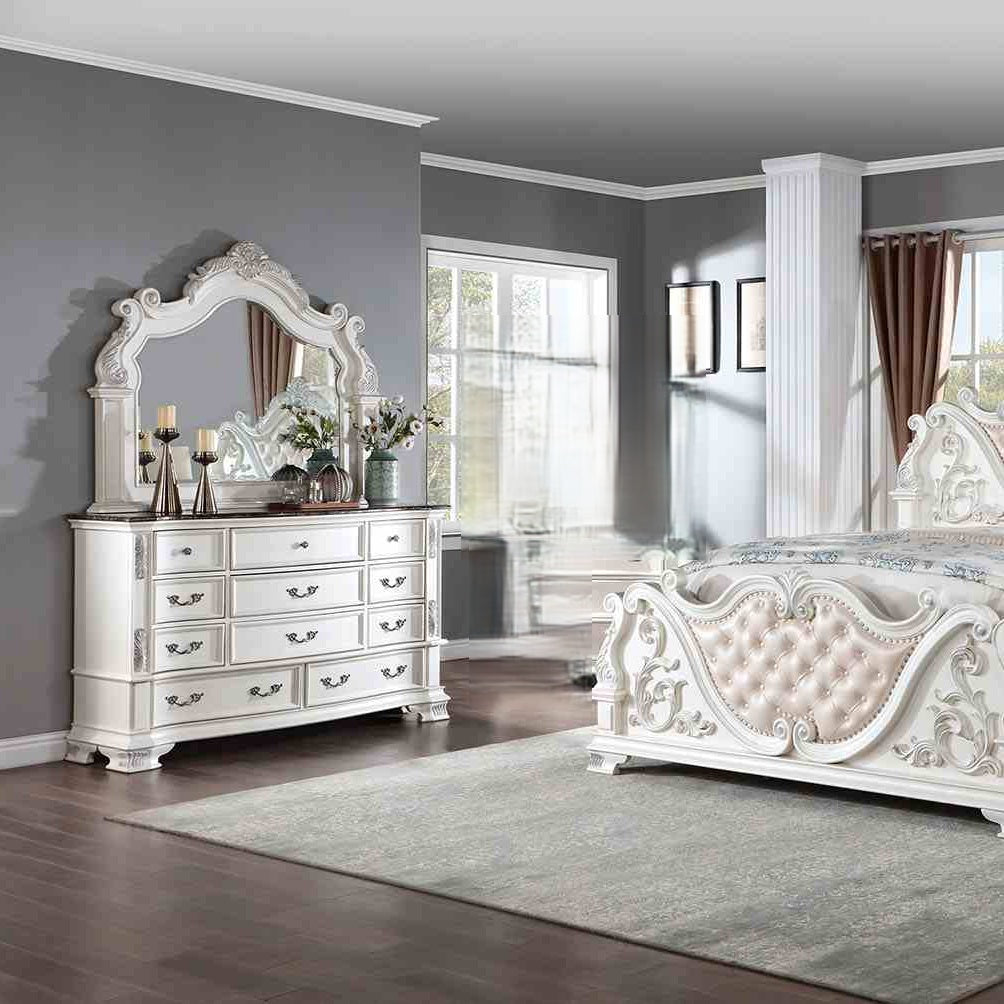 Luxury White 1pc Dresser Dovetail Drawers Genuine Marble Top Bronze Round Knob and Hanging Pulls Bedroom