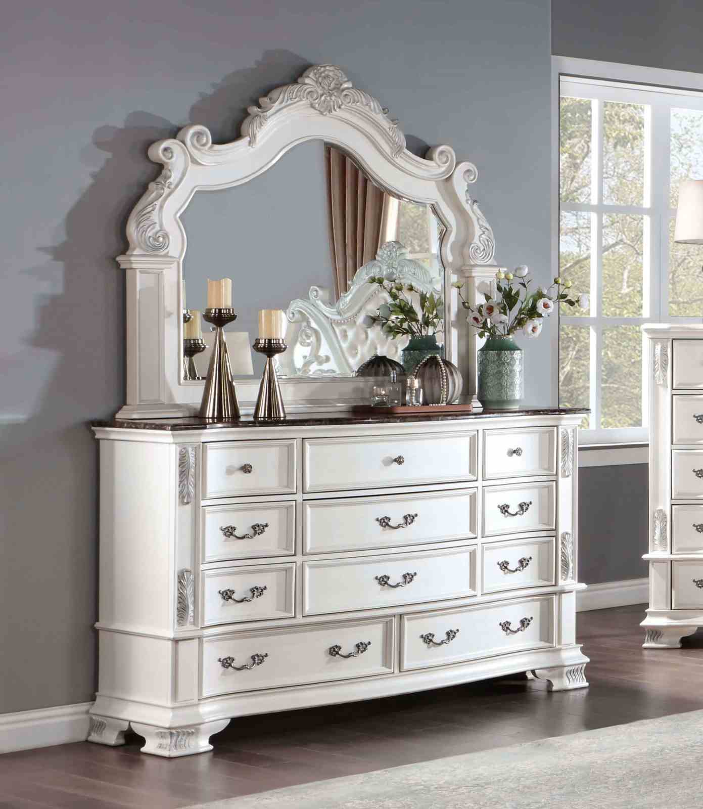 Luxury White 1pc Dresser Dovetail Drawers Genuine Marble Top Bronze Round Knob and Hanging Pulls Bedroom