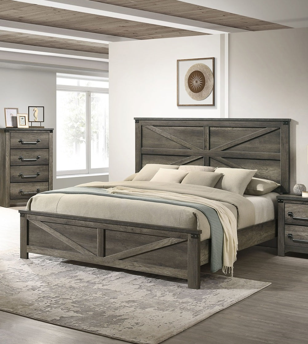 Rustic Gray 1pc King Size Bed Unique Design Headboard Simple Wooden Bedroom Furniture Metal Accents