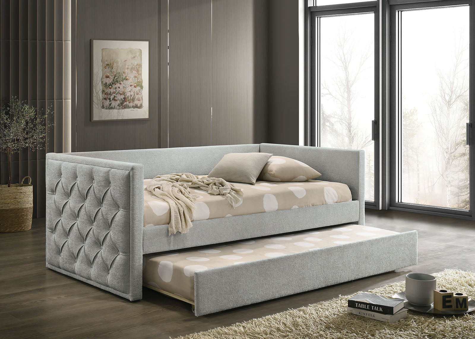 Transitional Style 1pc Twin Size Daybed w/ Trundle Diamond Button Tufting Slim Track Arms Mattress Ready Gray Finish Primary Living Room