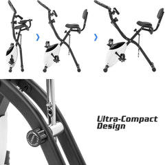 Folding Exercise Bike, Fitness Upright and Recumbent X-Bike with 16-Level Adjustable Resistance, Arm Bands and Backrest