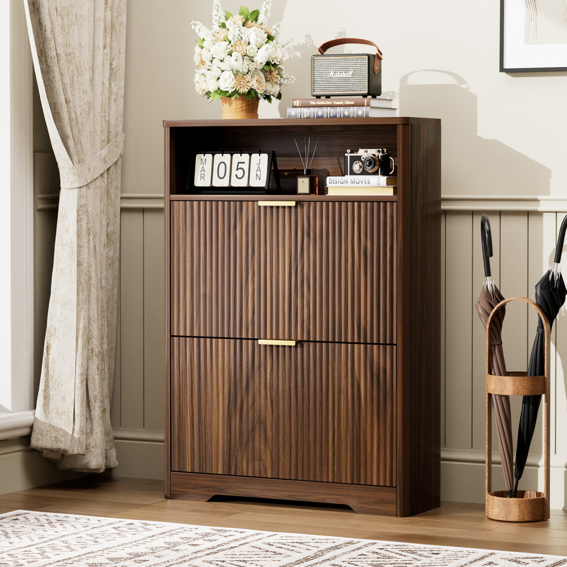 Shoe Cabinet Storage for Entryway Hidden Shoes Storage Cabinet with 2 Flip Drawers, Tall Free Standing Shoe Organizer Rack for Foyer, Hallway. Walnut,31.6'' L x 9.6'' W x 40'' H.