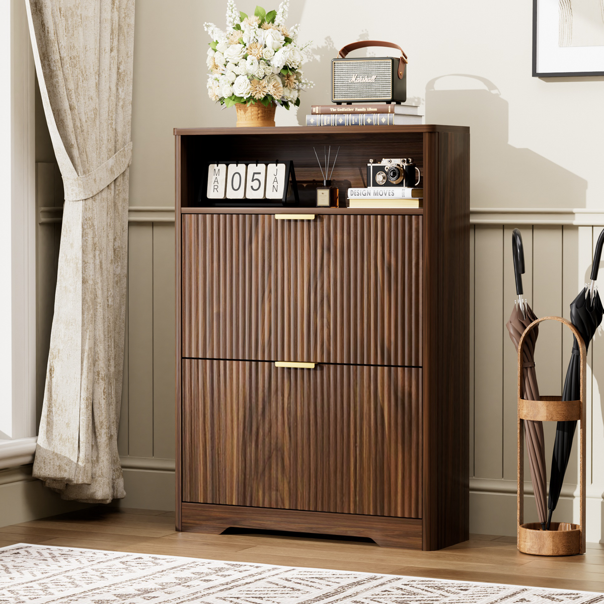 Shoe Cabinet Storage for Entryway Hidden Shoes Storage Cabinet with 2 Flip Drawers, Tall Free Standing Shoe Organizer Rack for Foyer, Hallway. Walnut,31.6'' L x 9.6'' W x 40'' H.
