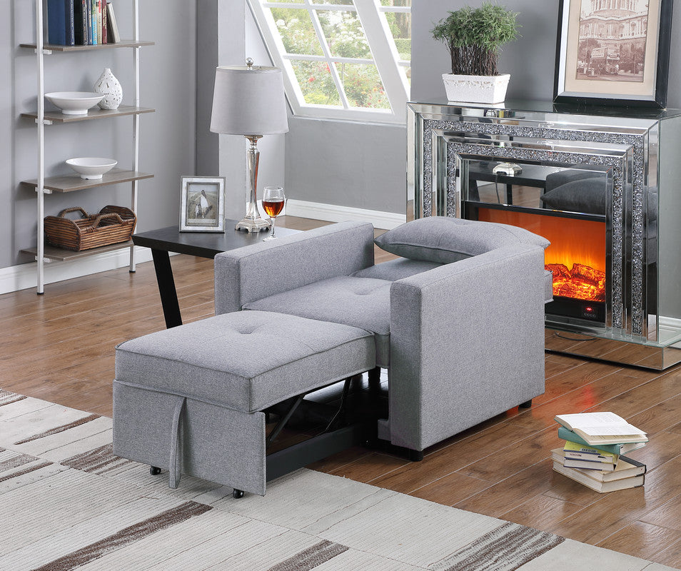 Zaira 33.25"W Light Gray Linen Convertible Sleeper Chair with Side Pocket