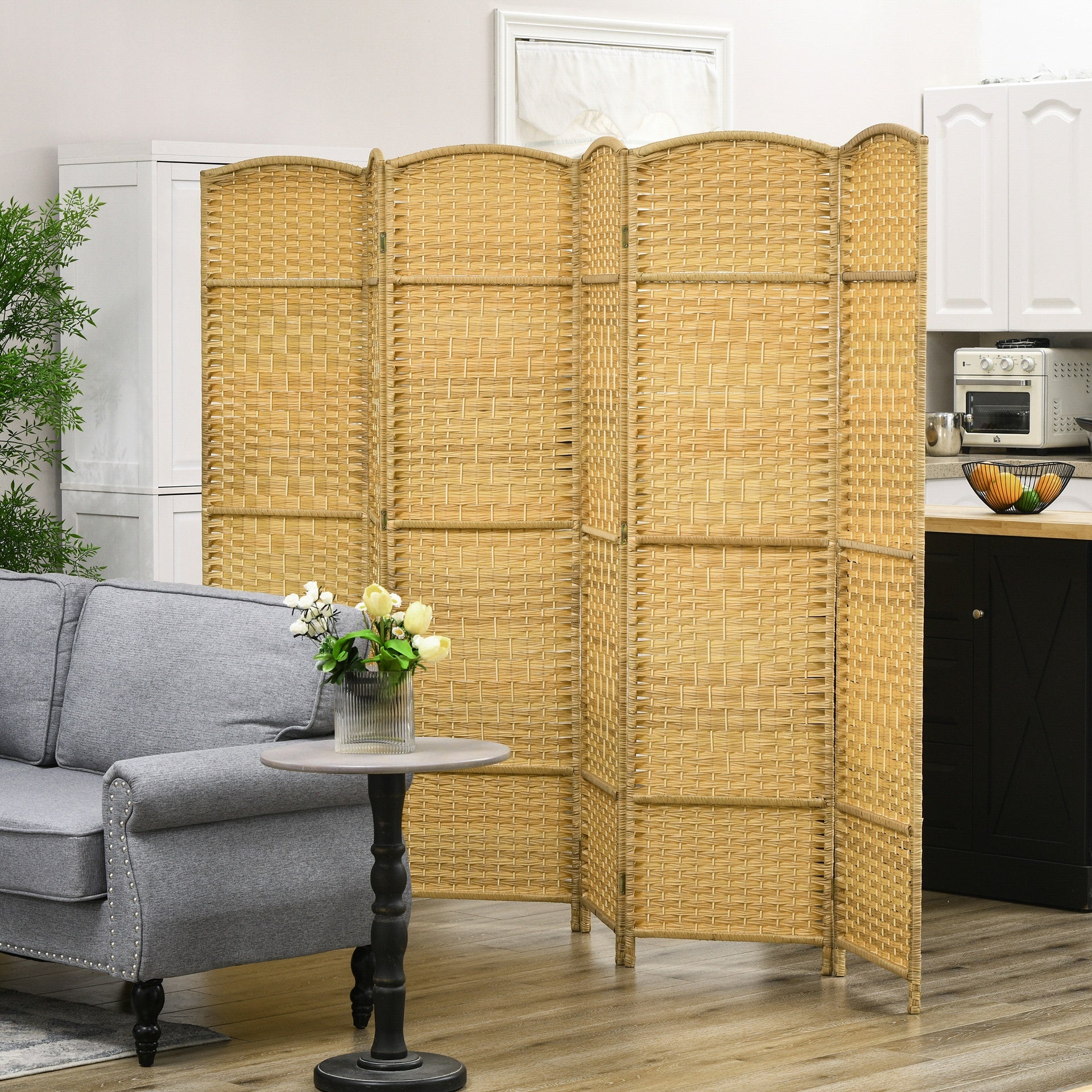HOMCOM 6 Panel Room Divider, 6' Tall Folding Privacy Screen, Hand-Woven Freestanding Wall Partition for Home Office, Bedroom, Nature Wood
