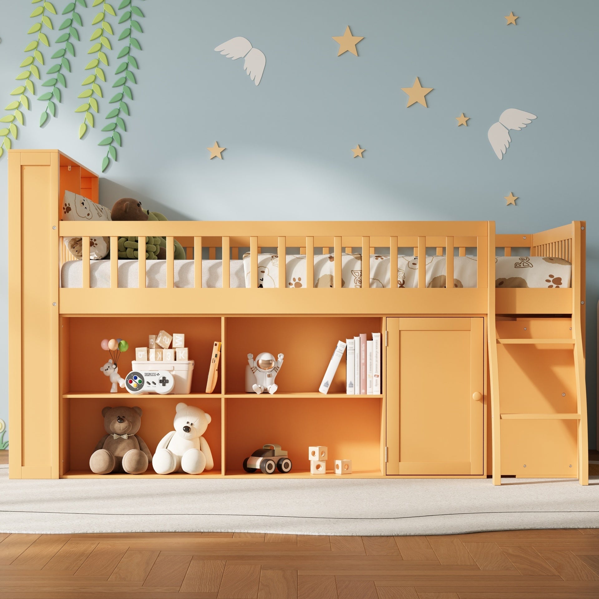 Queen Size Loft Bed with Storage, Headboard with LED Light, Natural
