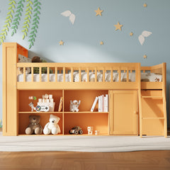 Queen Size Loft Bed with Storage, Headboard with LED Light, Natural