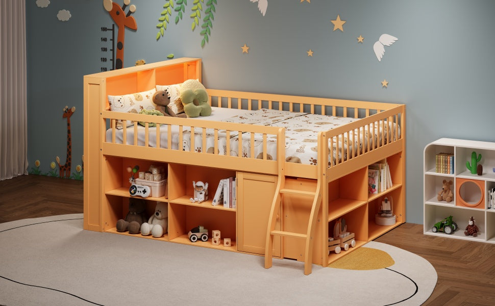 Queen Size Loft Bed with Storage, Headboard with LED Light, Natural