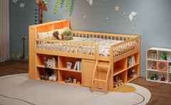 Queen Size Loft Bed with Storage, Headboard with LED Light, Natural