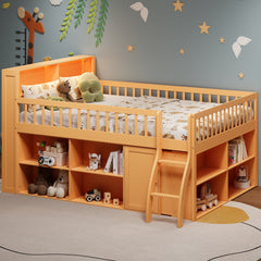Queen Size Loft Bed with Storage, Headboard with LED Light, Natural