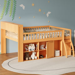 Queen Size Loft Bed with Storage, Headboard with LED Light, Natural