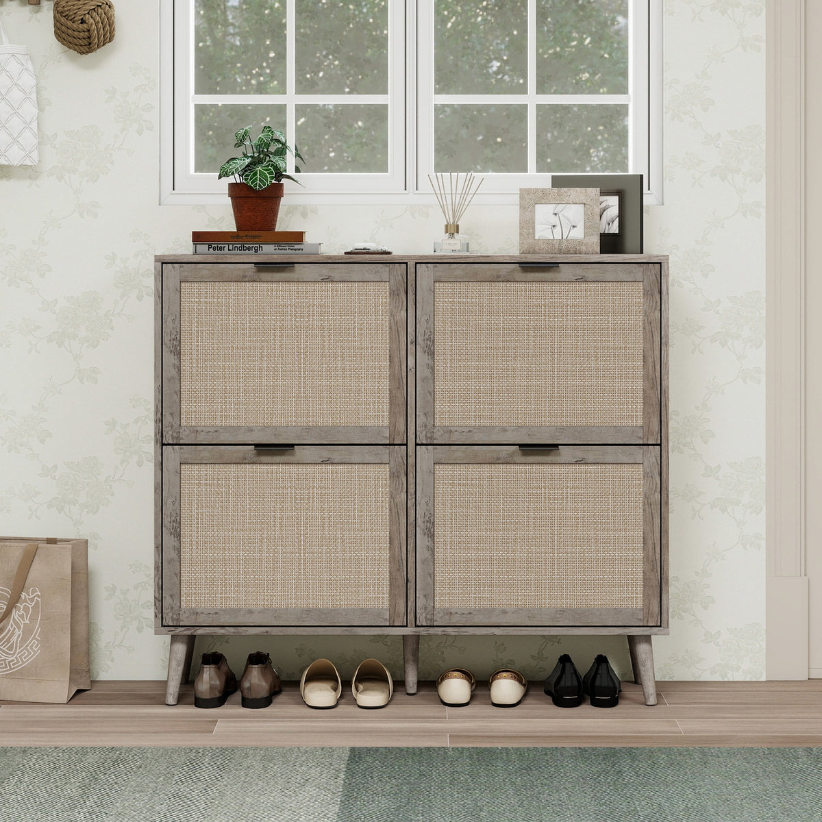 4 Door Shoe Rack, Freestanding Modern Shoe Storage Cabinet, for Entryway