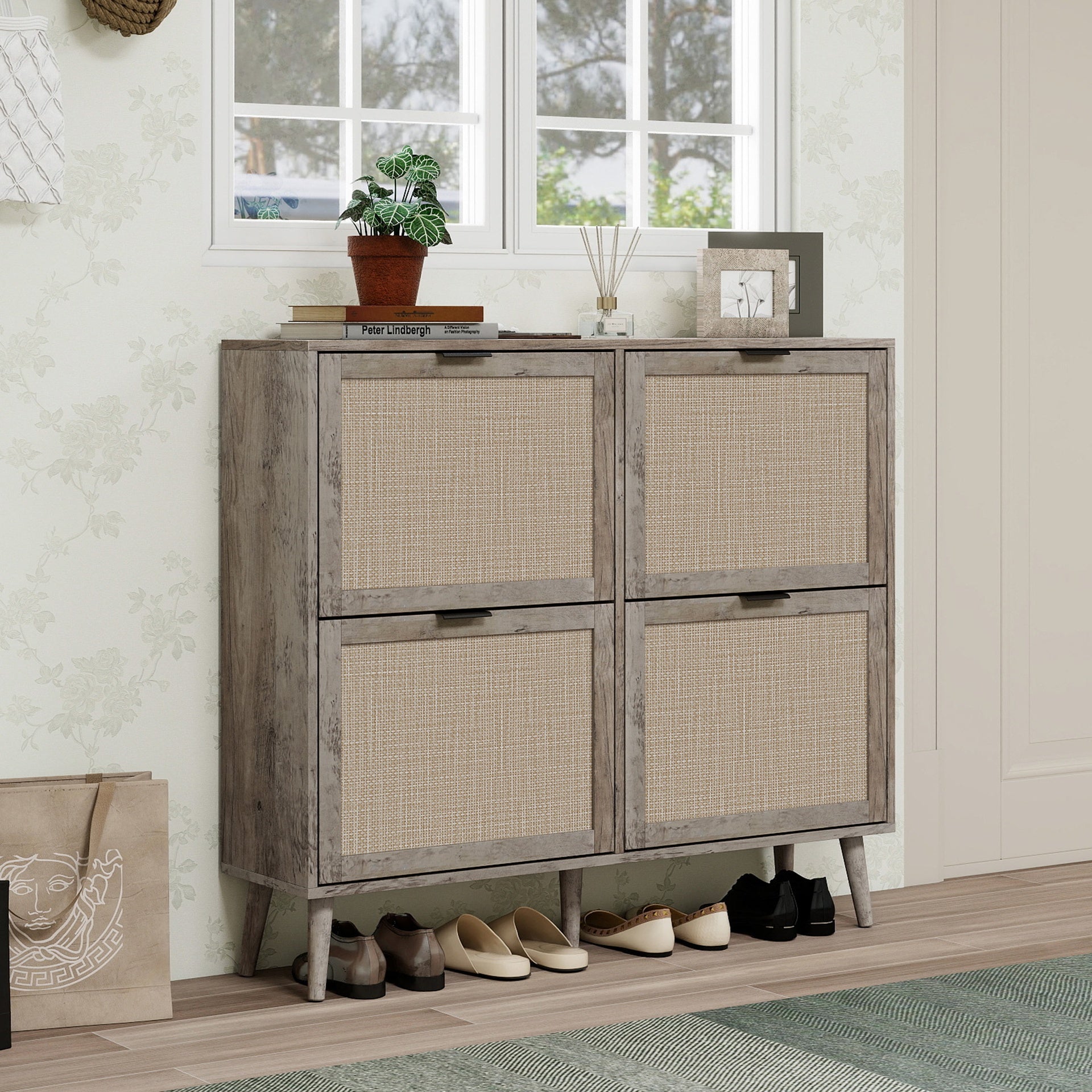 4 Door Shoe Rack, Freestanding Modern Shoe Storage Cabinet, for Entryway