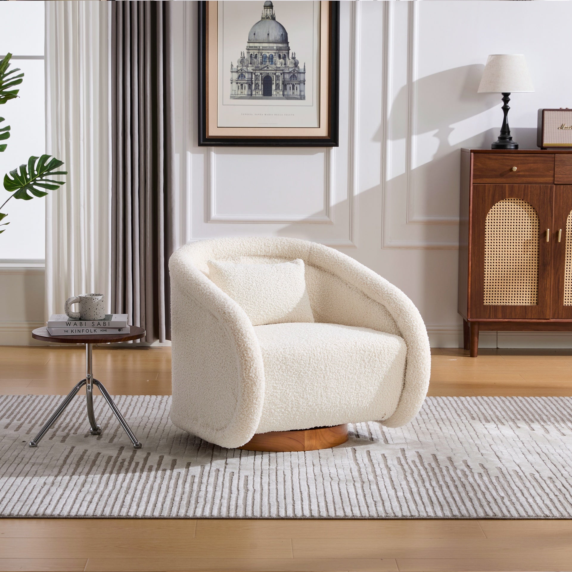 Swivel Accent Chair, 360-degree Swivel Barrel Chair with Teddy Upholstery, Comfy Pumpkin-Shaped Swivel Chair for Living Room, Bedroom, or Office