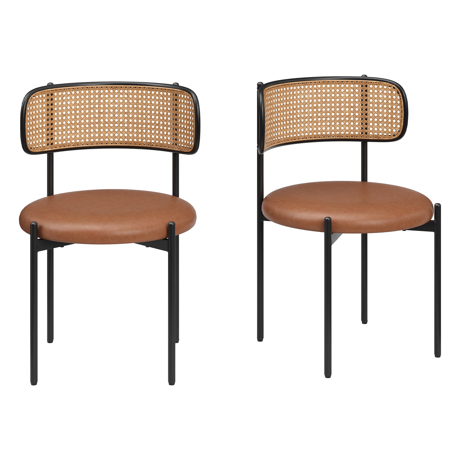Dining Chairs Set of 4, PU Leather Upholstered Seat with Woven Rattan Back, Sturdy Metal Legs Modern Side Chairs for Kitchen Living Room Restaurant