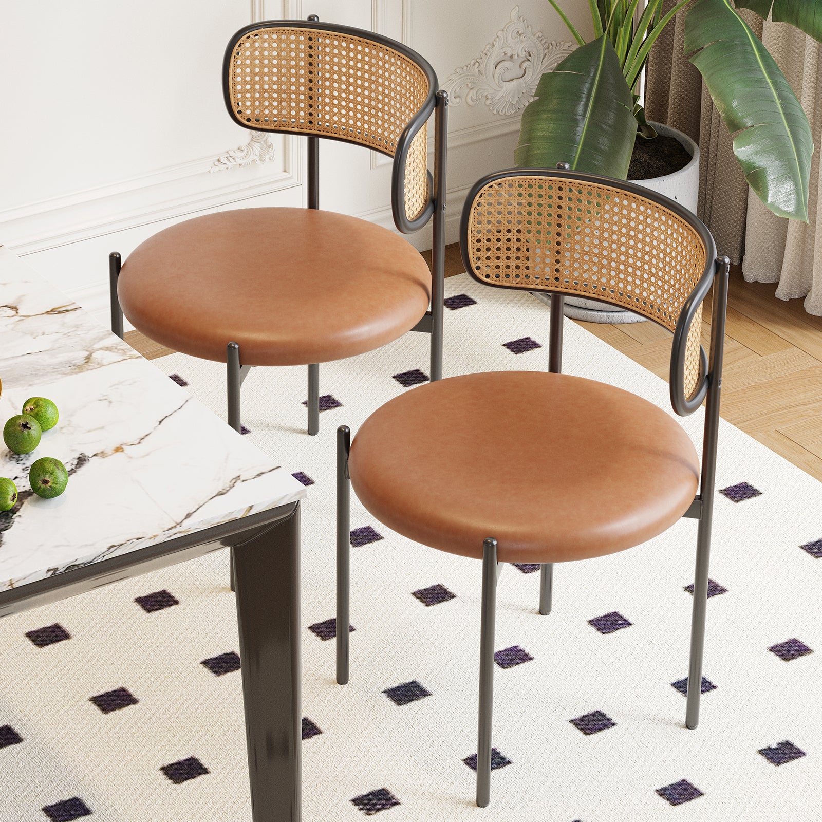 Dining Chairs Set of 4, PU Leather Upholstered Seat with Woven Rattan Back, Sturdy Metal Legs Modern Side Chairs for Kitchen Living Room Restaurant
