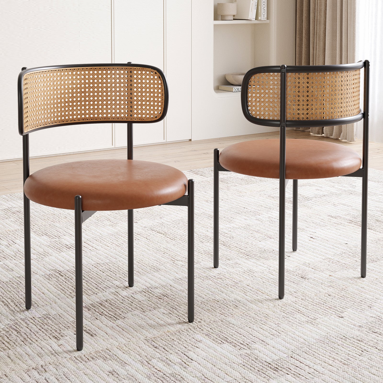 Dining Chairs Set of 4, PU Leather Upholstered Seat with Woven Rattan Back, Sturdy Metal Legs Modern Side Chairs for Kitchen Living Room Restaurant