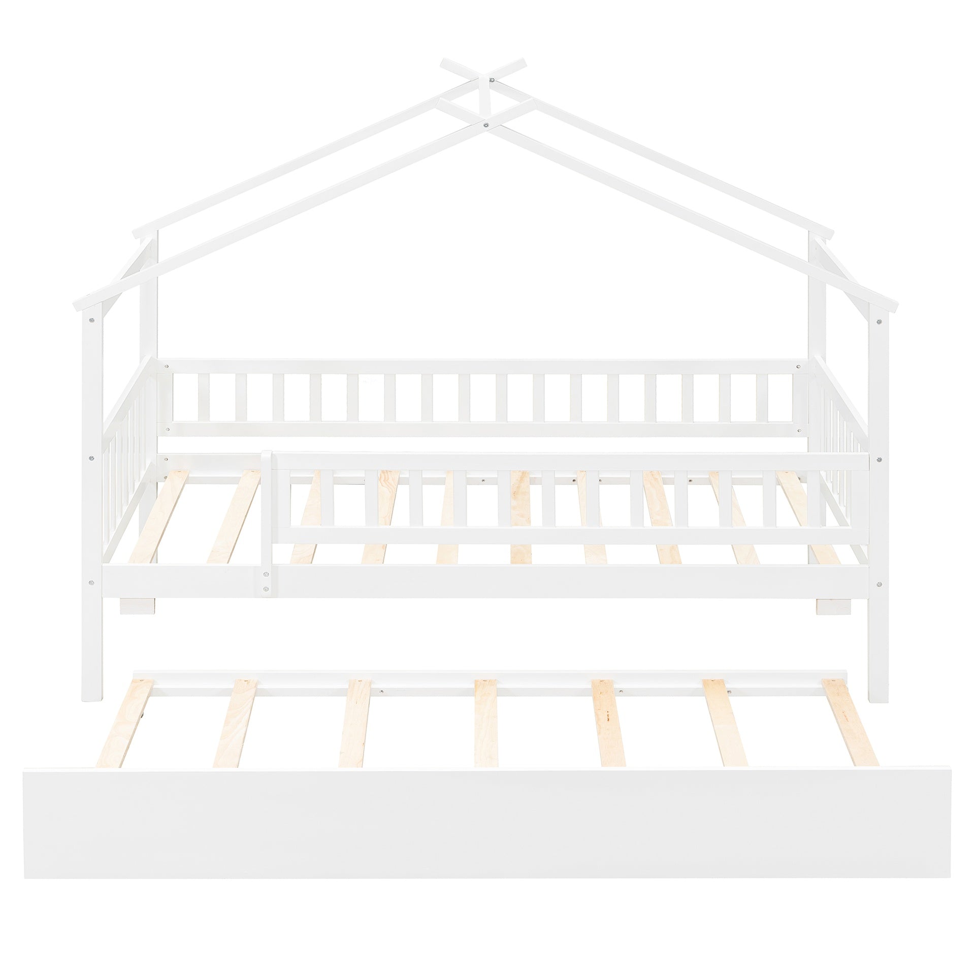 Twin Size Wooden House Bed with Twin Size Trundle, White