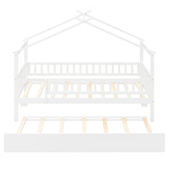 Twin Size Wooden House Bed with Twin Size Trundle, White