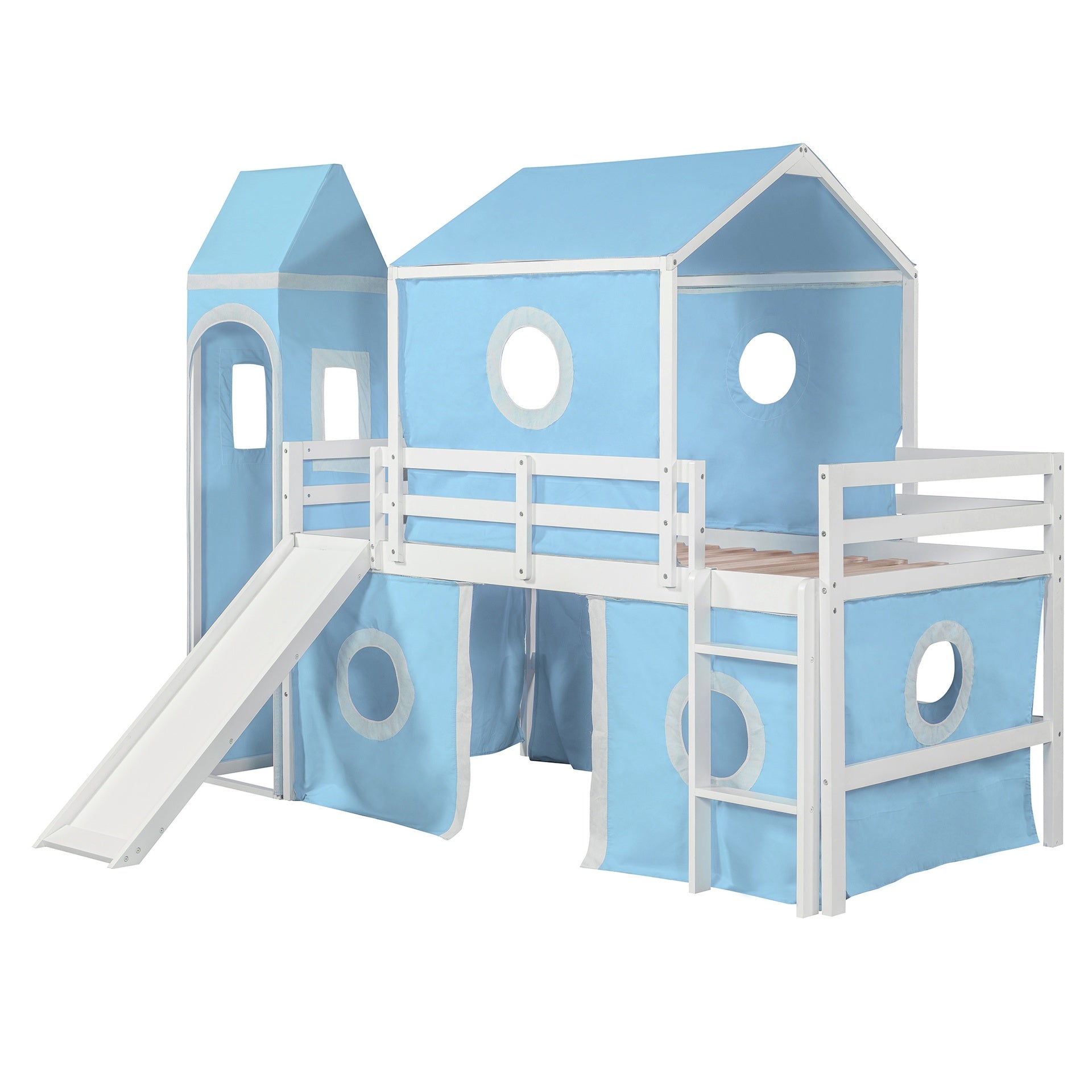 Twin Size Loft  Bed with Slide Pink Tent and Tower - Blue