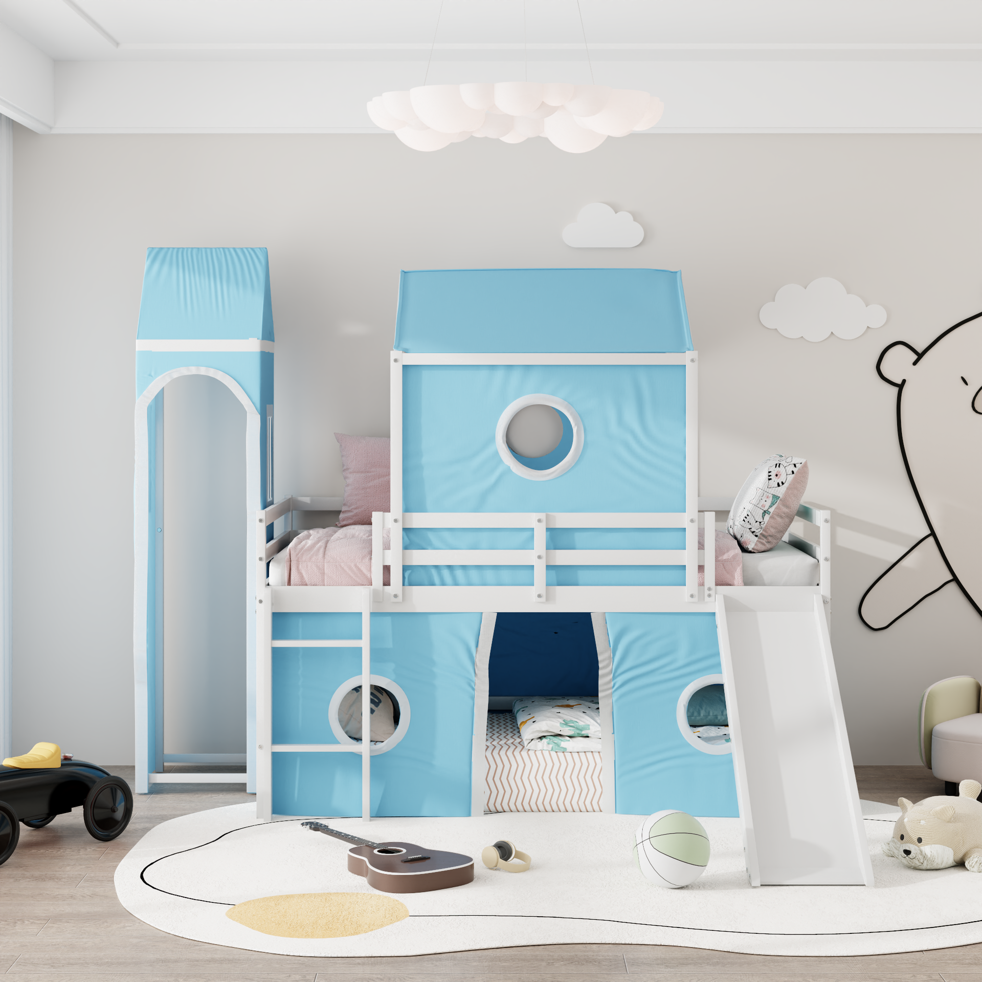 Twin Size Loft  Bed with Slide Pink Tent and Tower - Blue