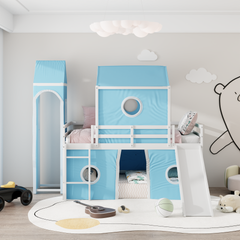 Twin Size Loft  Bed with Slide Pink Tent and Tower - Blue