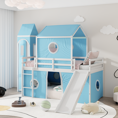 Twin Size Loft  Bed with Slide Pink Tent and Tower - Blue