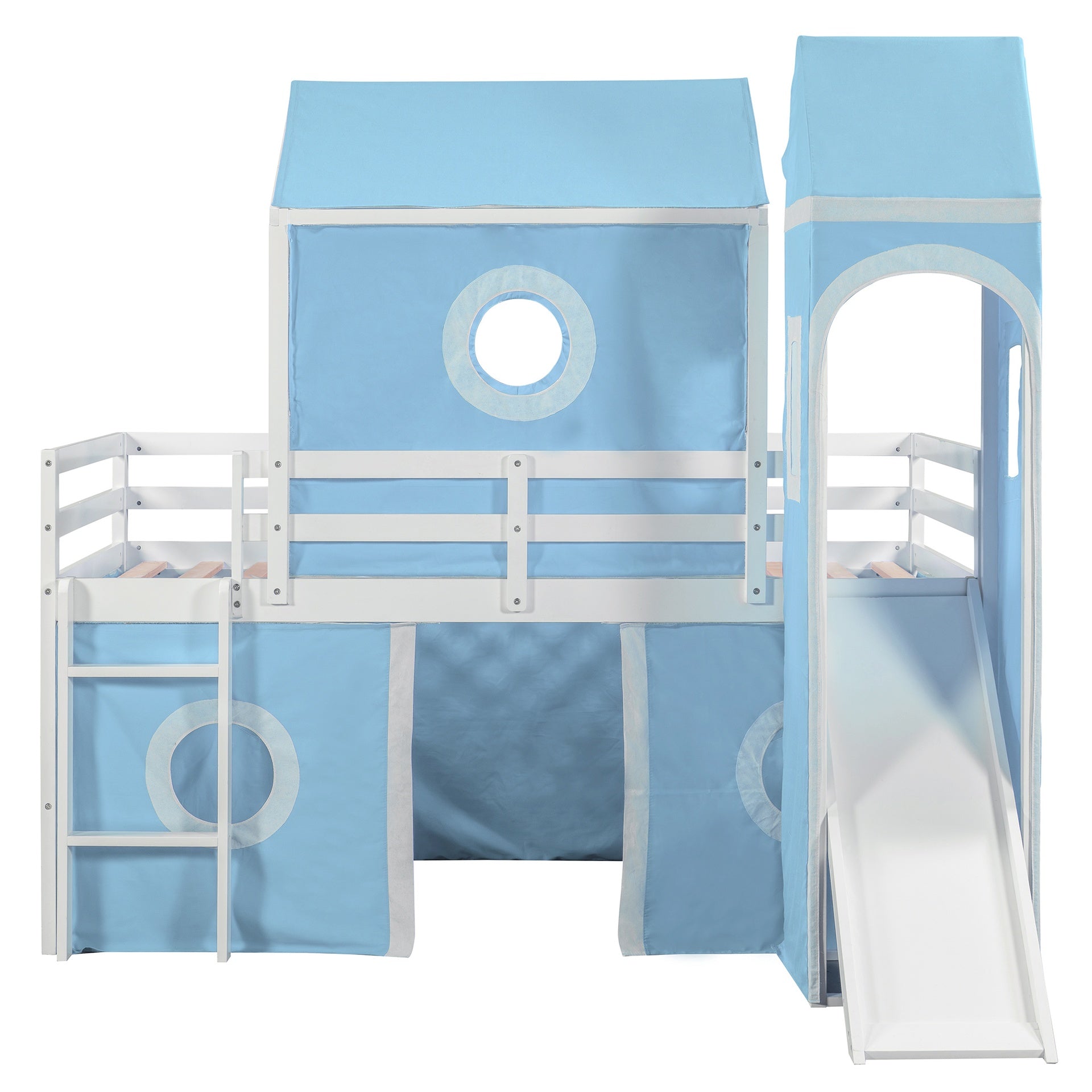 Twin Size Loft  Bed with Slide Pink Tent and Tower - Blue