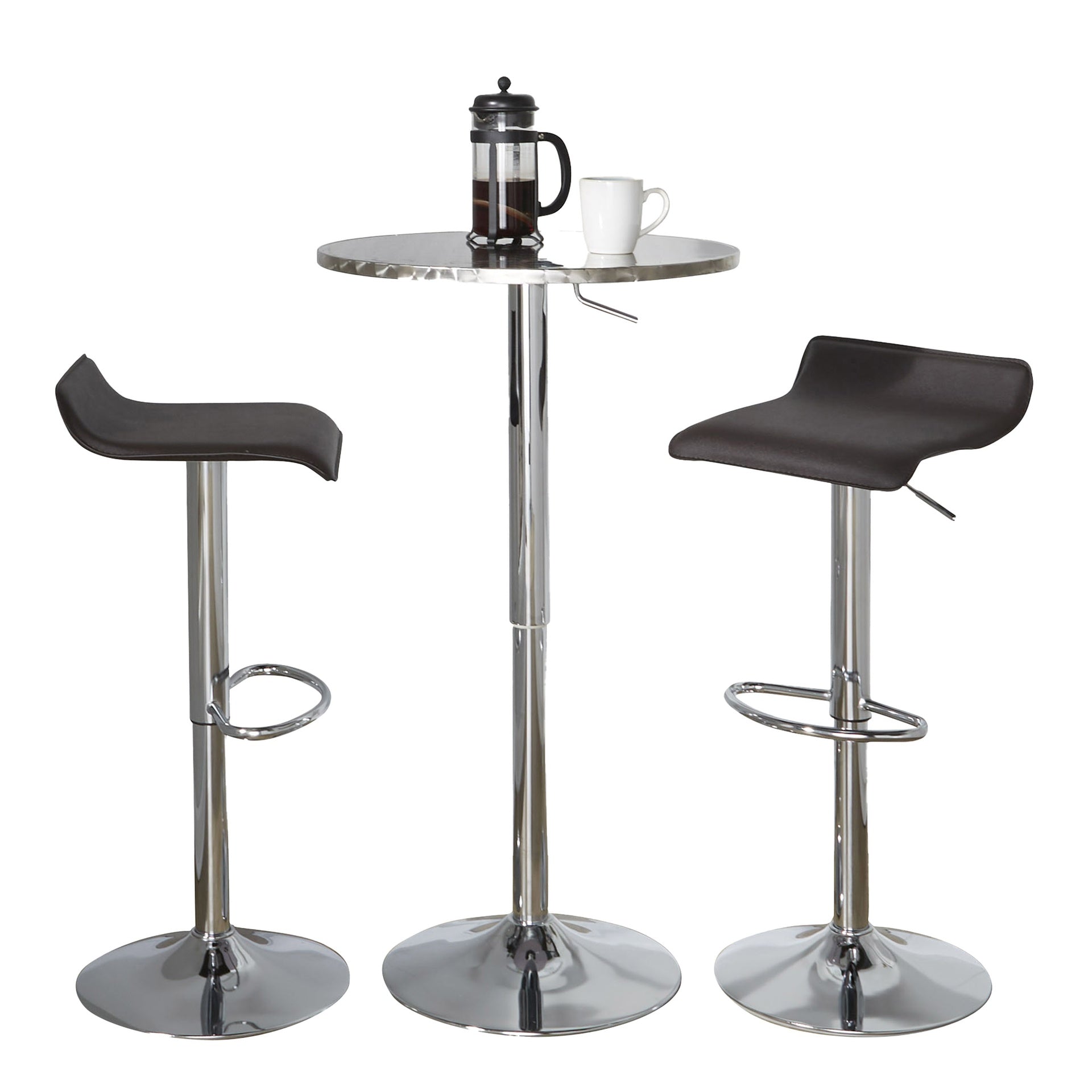 Bistro Round-Ale Contemporary Adjustable Bar Set in Silver and Chrome Metal with Brown PVC and Oval Footrest by LumiSource - 3 Piece