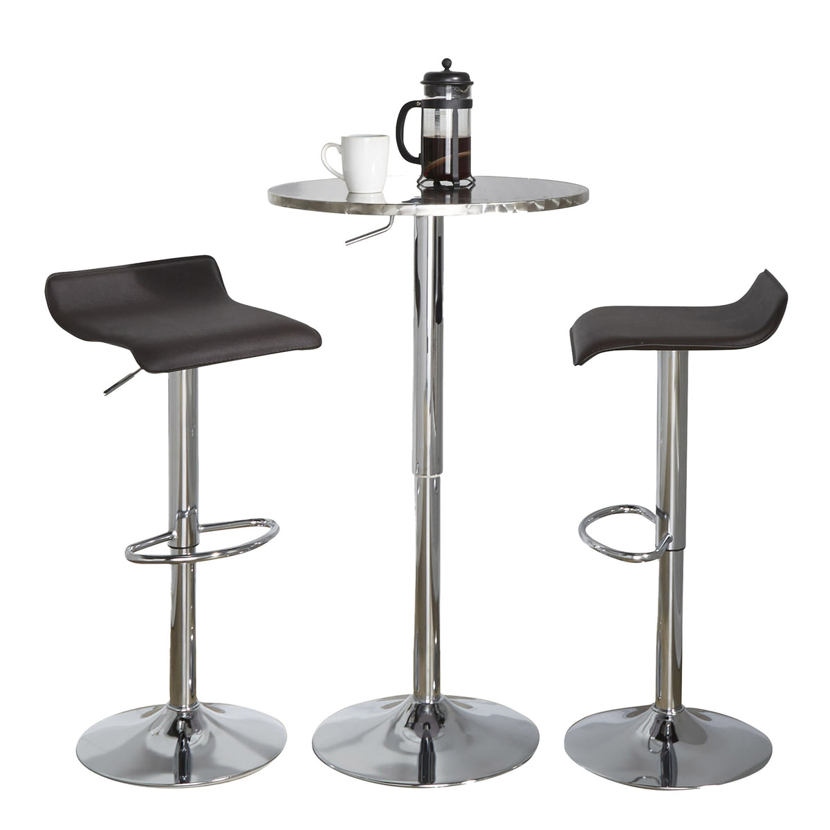 Bistro Round-Ale Contemporary Adjustable Bar Set in Silver and Chrome Metal with Brown PVC and Oval Footrest by LumiSource - 3 Piece