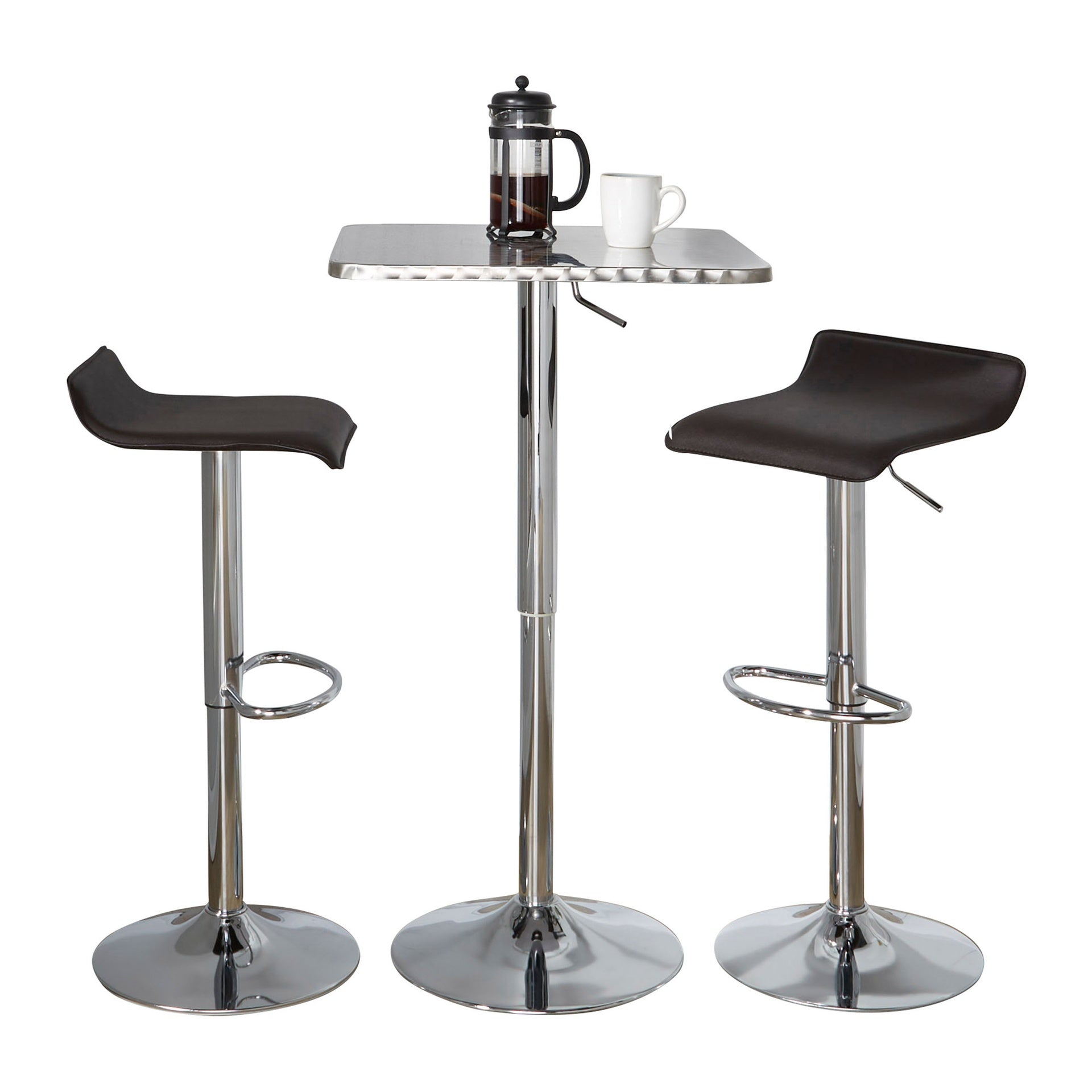 Bistro Square-Ale Contemporary Adjustable Bar Set in Silver and Chrome Metal with Brown PVC and Oval Footrest by LumiSource - 3 Piece