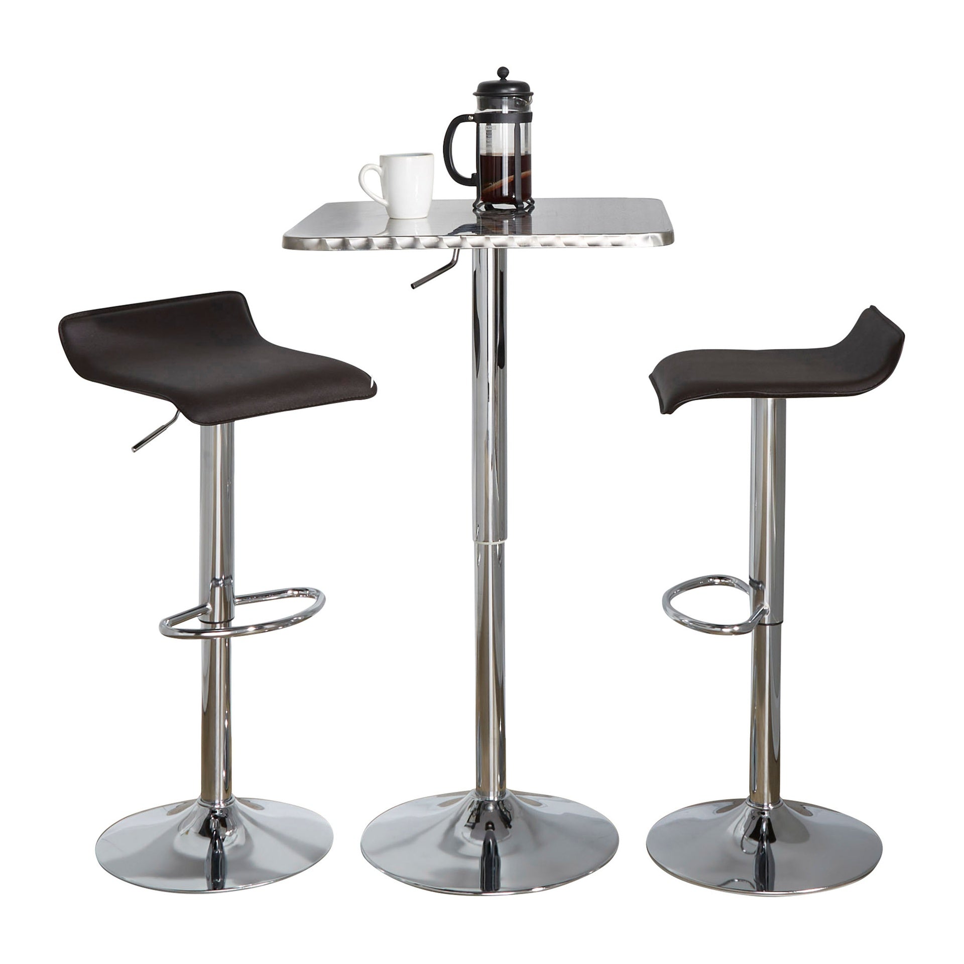Bistro Square-Ale Contemporary Adjustable Bar Set in Silver and Chrome Metal with Brown PVC and Oval Footrest by LumiSource - 3 Piece