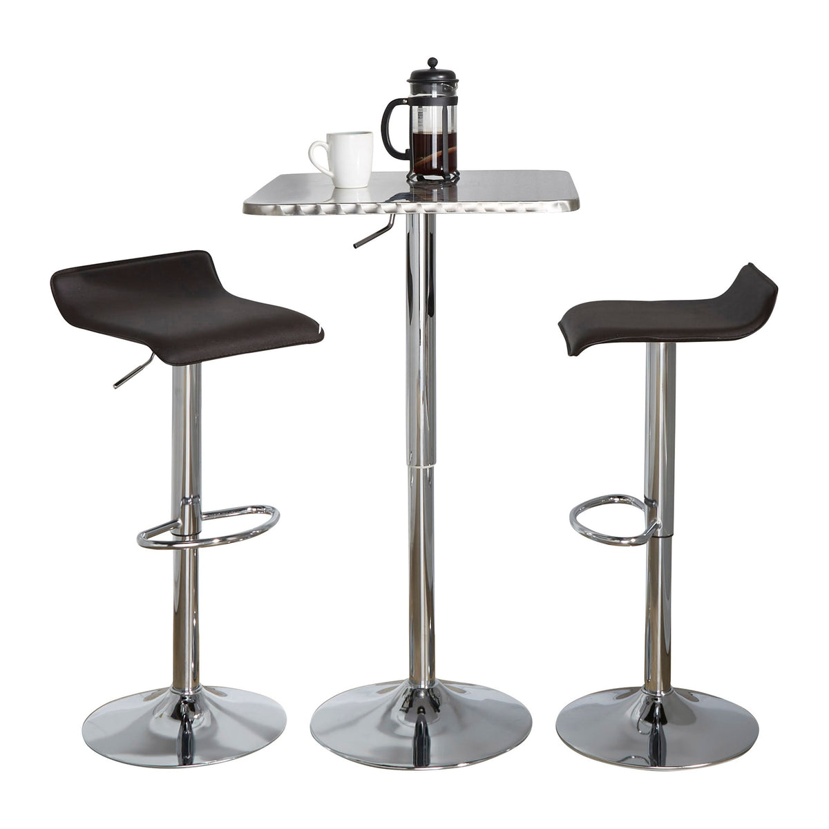 Bistro Square-Ale Contemporary Adjustable Bar Set in Silver and Chrome Metal with Brown PVC and Oval Footrest by LumiSource - 3 Piece