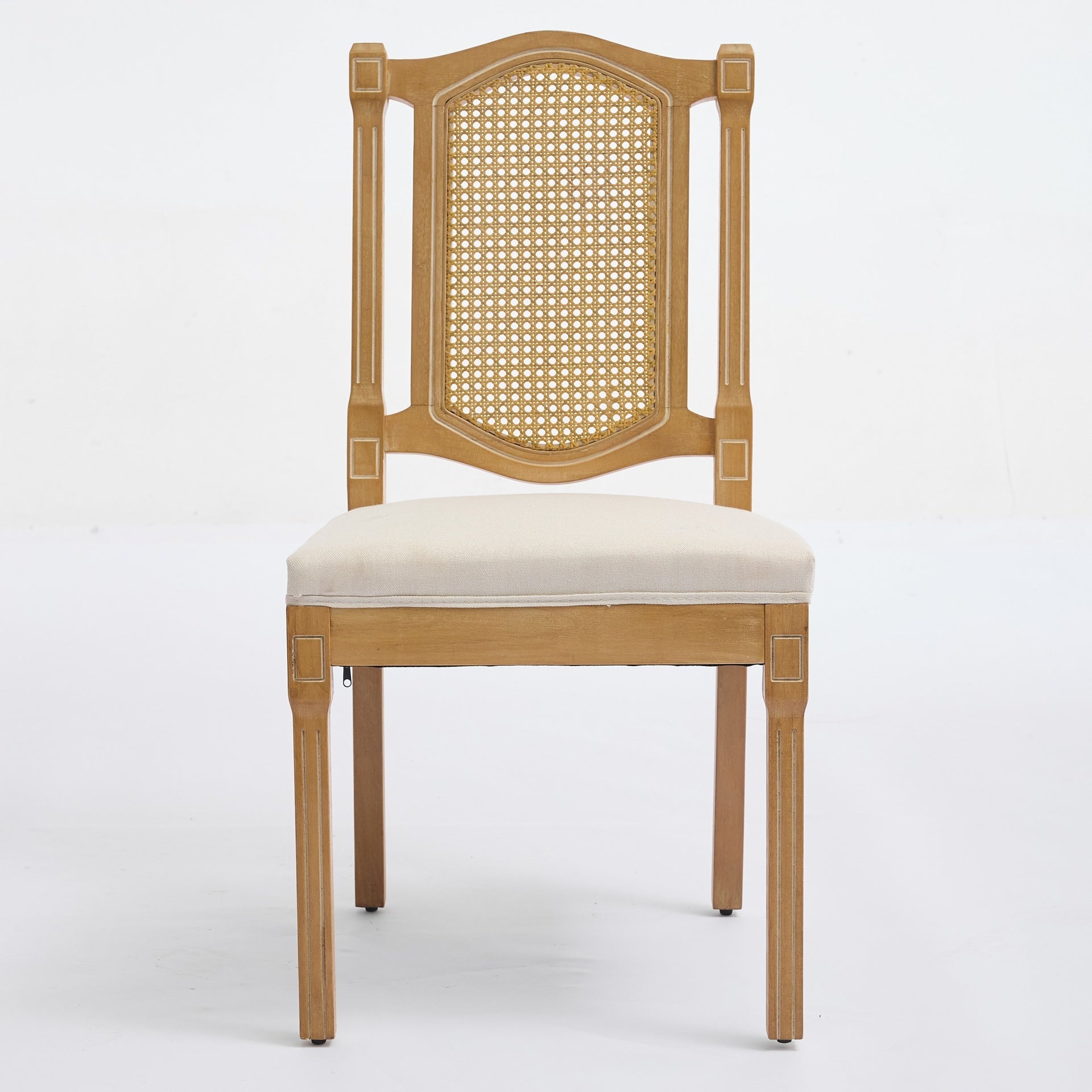 Solid Wood Rattan-Back Dining Chair, Matte Linen Cushion with High-Resilience Foam & S-Springs, Perfect for Rustic/Natural Style Dining Room, Café with Classic & Durable Design,Beige,Set of 2,SW1874BG