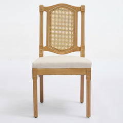 Solid Wood Rattan-Back Dining Chair, Matte Linen Cushion with High-Resilience Foam & S-Springs, Perfect for Rustic/Natural Style Dining Room, Café with Classic & Durable Design,Beige,Set of 2,SW1874BG