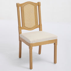 Solid Wood Rattan-Back Dining Chair, Matte Linen Cushion with High-Resilience Foam & S-Springs, Perfect for Rustic/Natural Style Dining Room, Café with Classic & Durable Design,Beige,Set of 2,SW1874BG